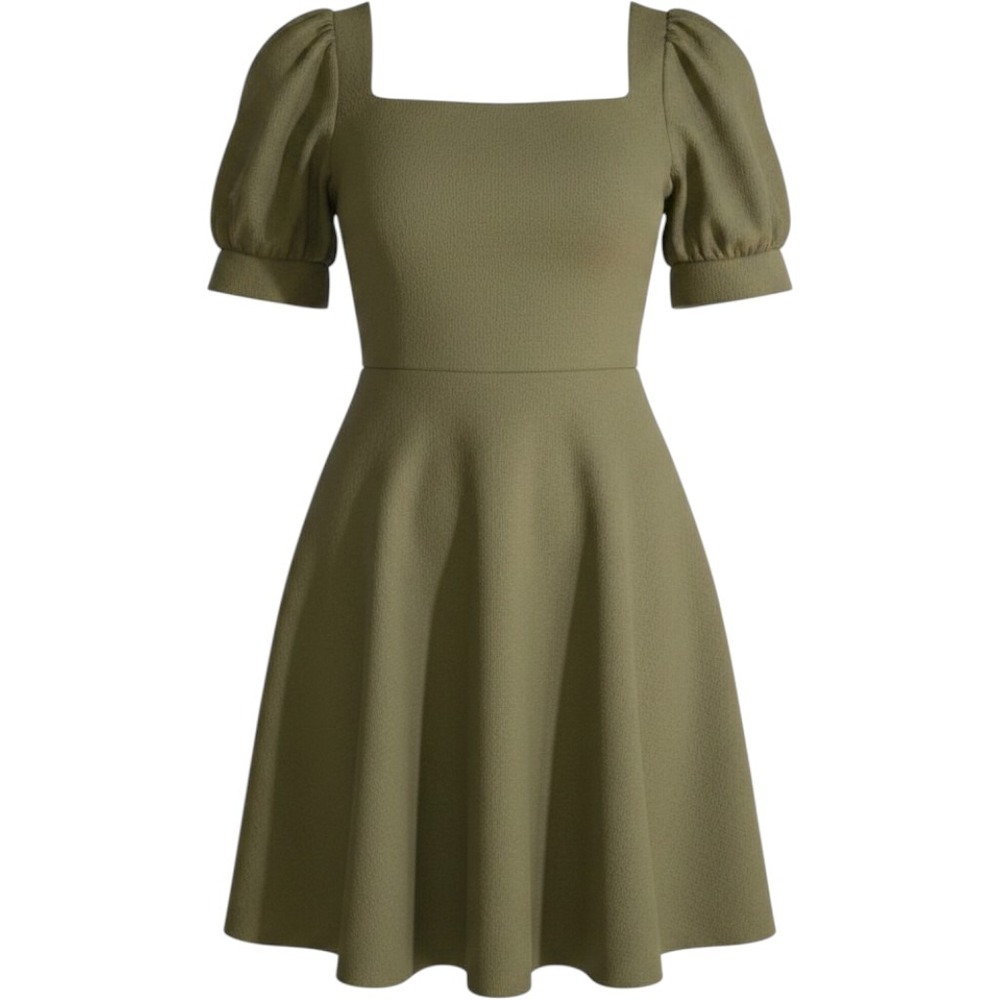 MINE Women's Olive Green Puff Sleeve Mini Dress Tie Back Casual Medium